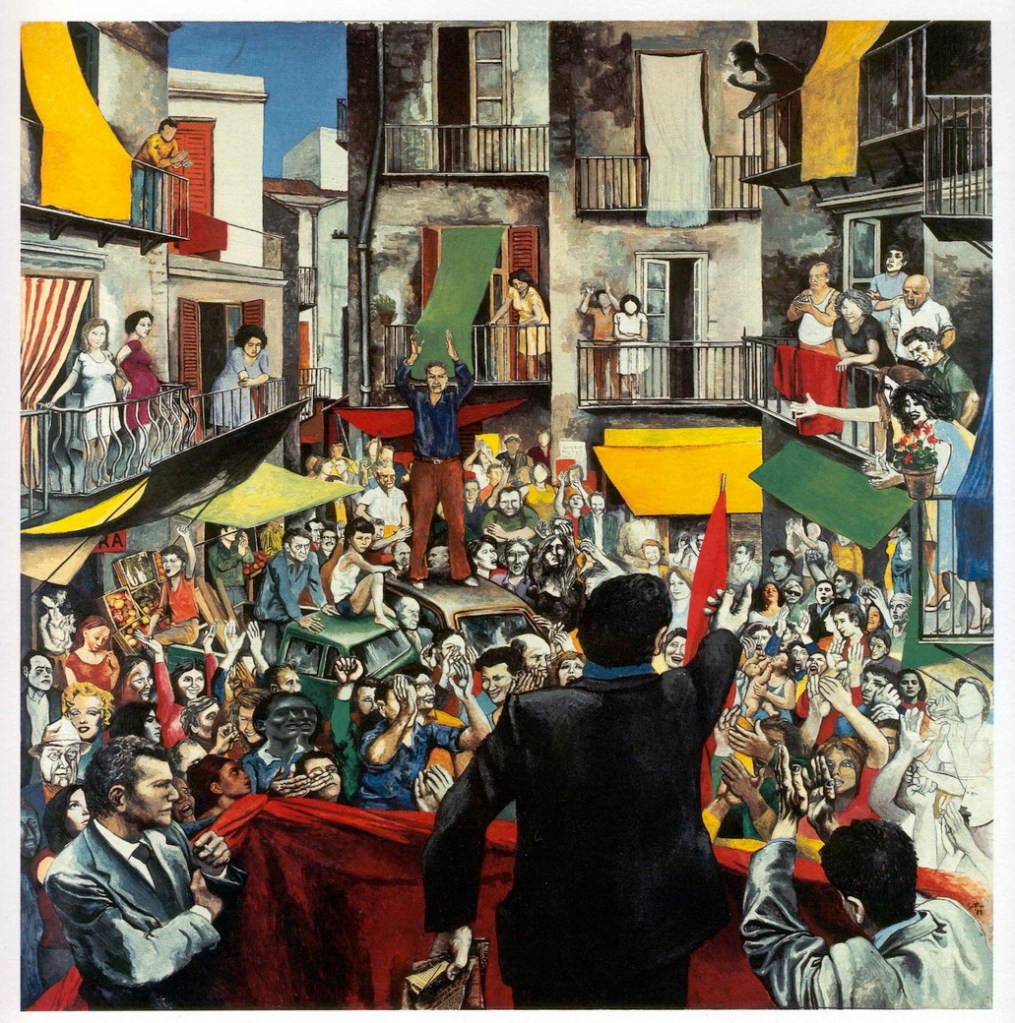 Il famosissimo quadro di Renato Guttuso “Comizio di quartiere” del 1975 che ritrae un
oratore di spalle, in cui è facile riconoscere Enrico Berlinguer, e mio padre Tonino Tatò
accanto a lui sul palco. Come sempre.